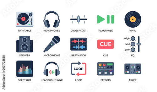 Music and dj icons arranged in grid on white background