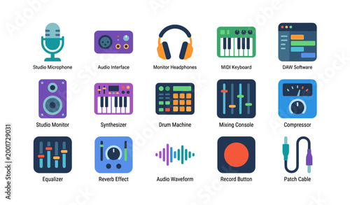 Audio production icons displayed in grid on white background