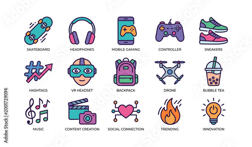 Youth lifestyle and entertainment icons shown in grid layout