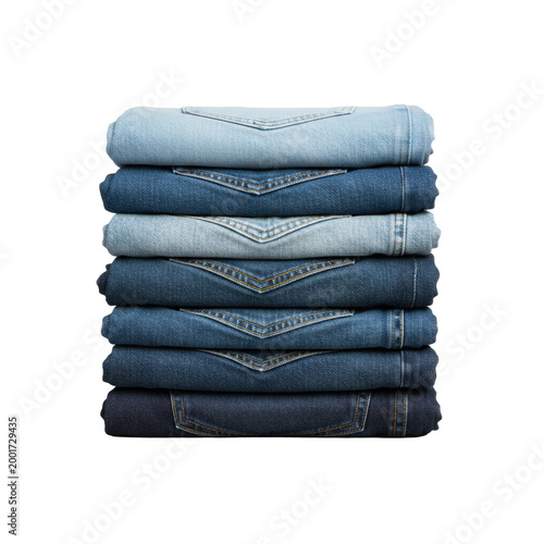 A precise stack of six neatly folded denim jeans showcasing a vibrant color gradient, realistic stitching, and crisp folds on a neutral gray surface, high-end catalogue aesthetic