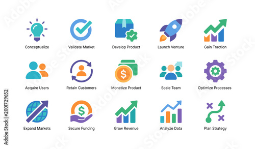 Startup and growth icons illustrating business stages and metrics