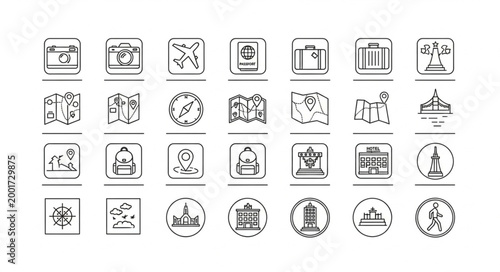 Collection of travel and business icons in a grid format.