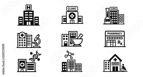 Medical Buildings Icons Set Healthcare Science Pharmacy.