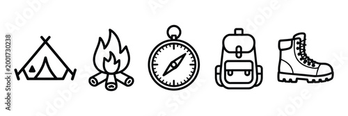 Camping and Hiking Doodle Icons Collection, Hand Drawn Outdoor Gear with Tent, Campfire, Compass, Backpack and Boot, Adventure Sketch Vector Illustration Set