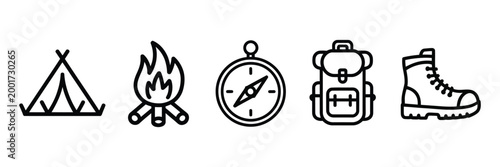 Camping and Hiking Doodle Icons Collection, Hand Drawn Outdoor Gear with Tent, Campfire, Compass, Backpack and Boot, Adventure Sketch Vector Illustration Set