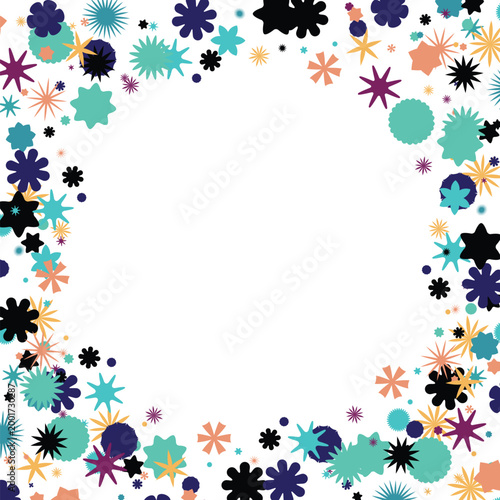 Colorful geometric shapes and stars forming a playful border on a white background, creating a lively frame perfect for celebrations, patterns, and party invitations with central copy space