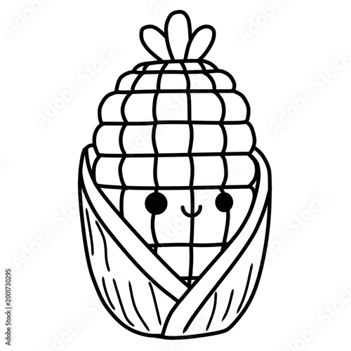 A black and white line drawing of a corn cob with a smiling face.