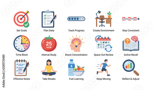 Learning icons illustrating study habits on white background