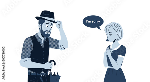Man apologizes to woman, conveying regret and seeking forgiveness with "I'm sorry" message.