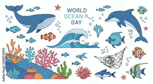 Ocean creatures marine life illustration.