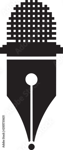 Black vector graphic of a pen nib with a skyscraper cityscape emerging from it symbolizing creativity and urban