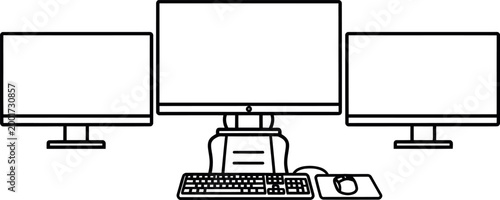 Minimalist line art of a triple monitor setup with keyboard mouse and cpu tower