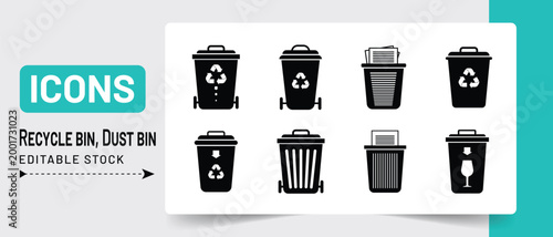 Recycle bin, Dust bin icons set in silhouette vector design.