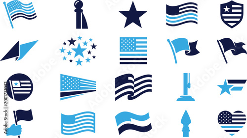 Quadro su tela Set of american flag and patriotic symbols icons representing national pride freedom and usa emblems for design