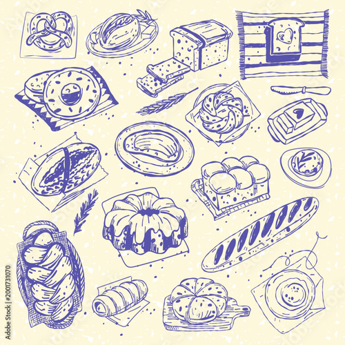 Hand drawn illustration set of various bakery products like bread, buns, donuts, and baguette. Trendy linear food elements for bakery cafe menu, rustic recipe book, or kitchen posters decoration.