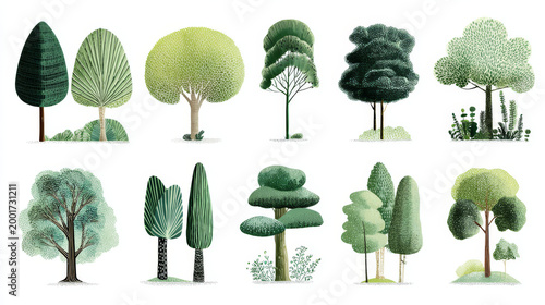 Set of illustrations white background featuring various stylized green trees with different shapes and textures, creating fresh natural feel