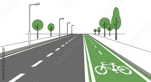 Urban cycling infrastructure dedicated bike lane on a road with streetlights and trees, promoting sustainable transportation