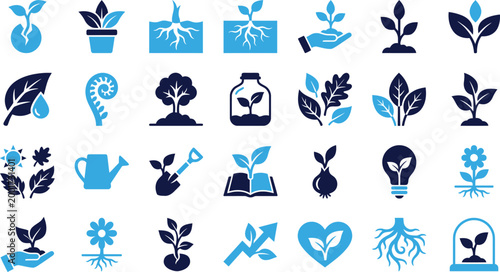 Valokuva Set of blue and dark blue plant and growth icons for nature and garden vector symbols