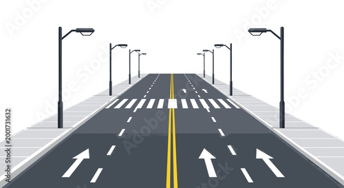 Straight asphalt road illustration with clear lane markings, pedestrian crosswalk, and modern streetlights, symbolizing urban travel, infrastructure, and forward direction