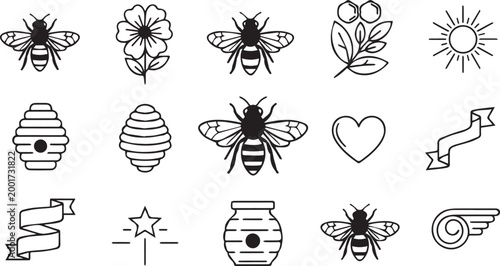 Bee Honey Nature Outline Icons Set Isolated on White Background
