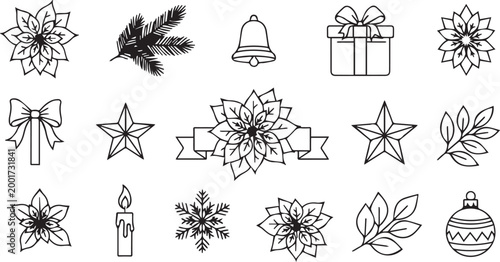 Christmas Poinsettia Floral Outline Icons Set Isolated on White Background
