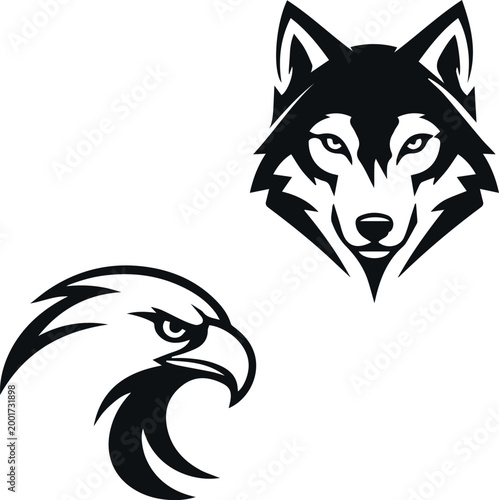Black White Wolf and Eagle Mascot Logo Set Minimal Predator Animal Vector Icons for Esports Branding Identity
