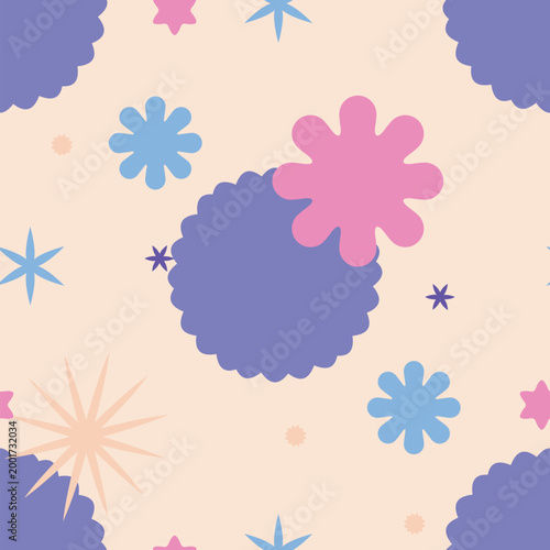 Abstract Seamless Pattern. A mix of Purple lavender pink and blue geometric shapes, stars and circles for modern design