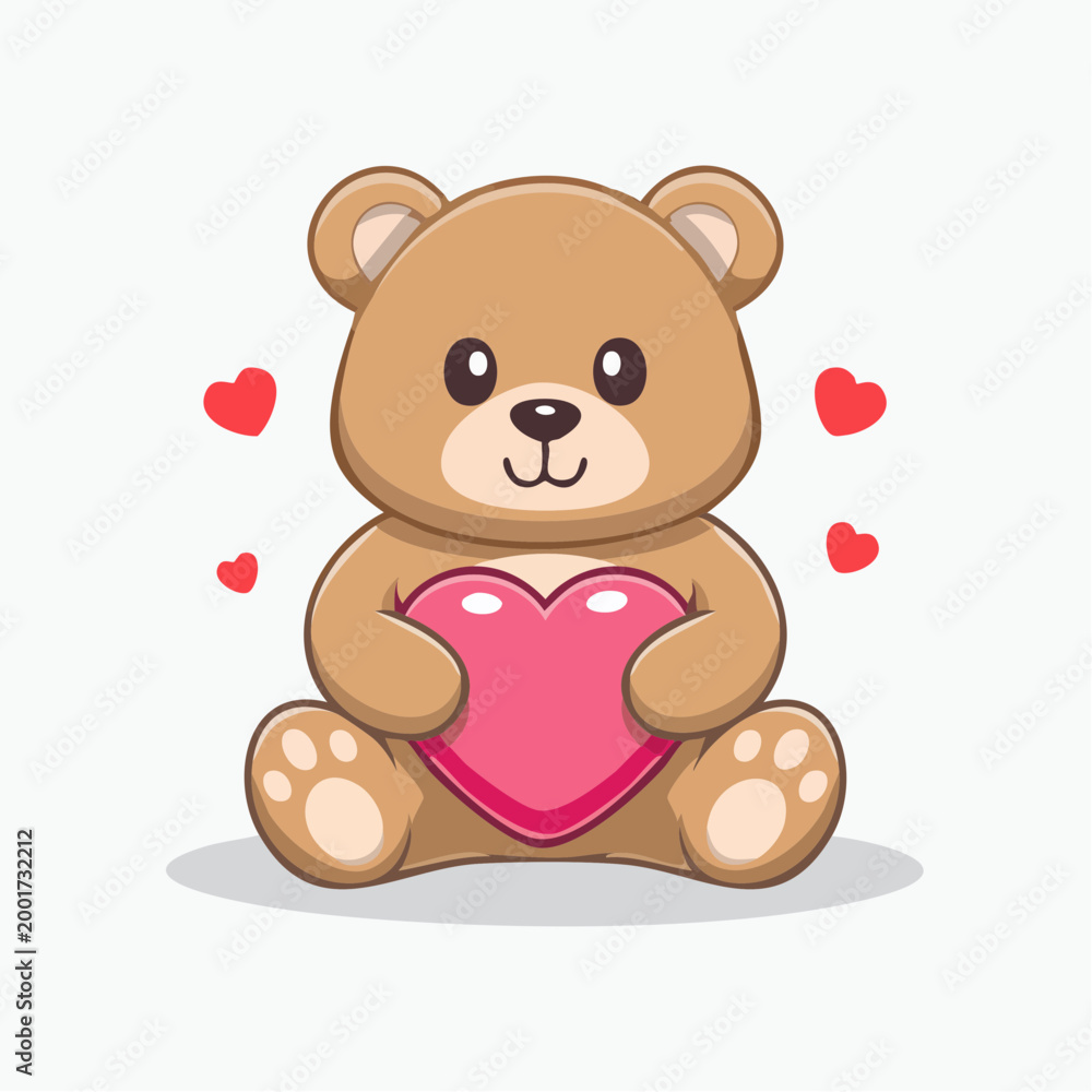 Obraz premium Cute Teddy Bear Holding a Pink Heart with Hearts Around