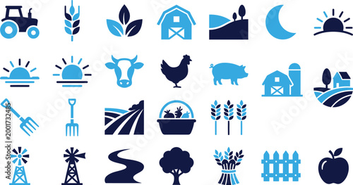 Bild auf Leinwand Group of blue and dark blue farm and agriculture icons for rural and food themes