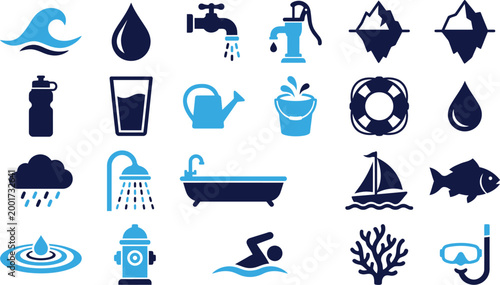 Collection of blue and navy water related icons for design and illustration.