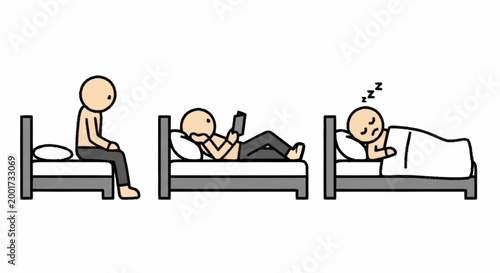 Cartoon character in different stages of going to bed and sleeping