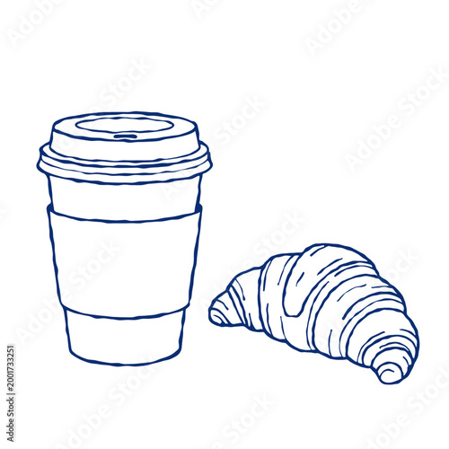 Hand drawn vector illustration of a takeaway coffee cup and a fresh croissant isolated on white
