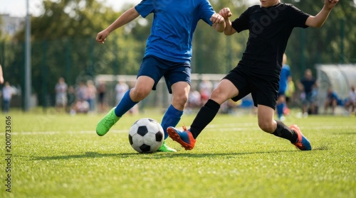 Soccer players running and kicking a soccer ball. Legs of two young football players on a match. Kids Soccer Players Dribbling and Tackling for Ball on Pitch with Legs Close Up and Copy Space