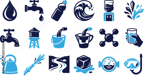 Water related icons set with drop tap bottle wave cooler cube and glass for liquid.