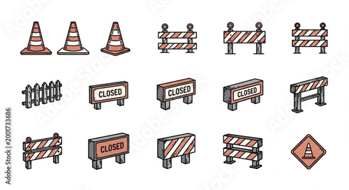 Collection of construction and traffic safety barriers and cones.