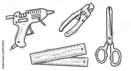 Collection of crafting tools including a glue gun scissors ruler and wire stripper.