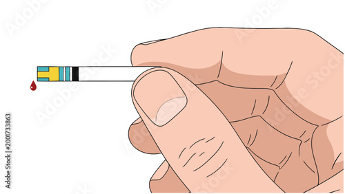 Close-up of a human hand holding a blood glucose test strip with a drop of blood for diabetes monitoring and health management.