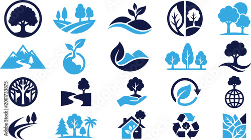 Foto Eco themed icons with trees, landscapes, earth, and recycling symbols in blue and dark blue