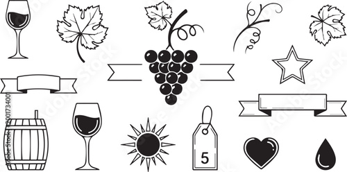 Wine Vineyard Grape Outline Icons Set Isolated on White Background