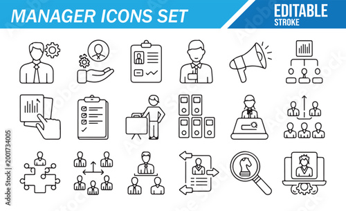 Office Management and Team Leadership Outline Icon Set