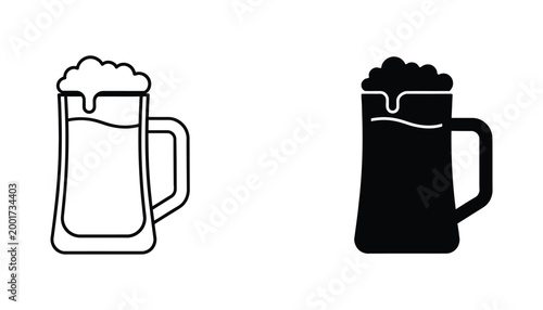 Traditional beer mug with frothy foam spilling over the rim in outline and solid black vector style for pub and brewery branding