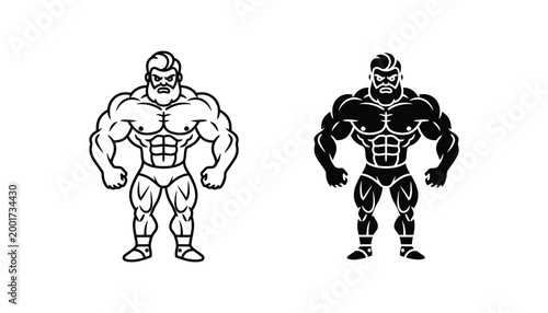 Bodybuilder muscular man character icon set featuring strong athlete in posing stance with detailed line and solid black silhouette styles for fitness gym and sports branding assets