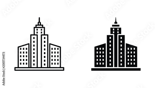 Modern city skyscraper building icon set featuring urban architecture design in detailed line art and solid black silhouette styles for real estate and business branding assets