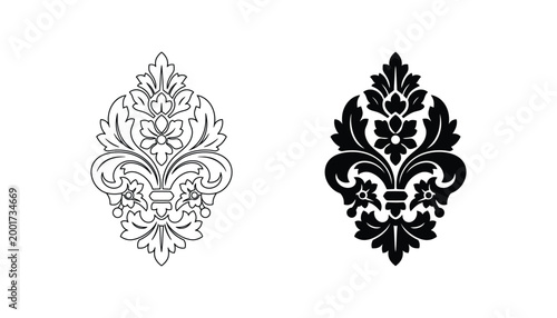 Classic damask floral leaf ornament in black and white vector silhouette for luxury and wedding design