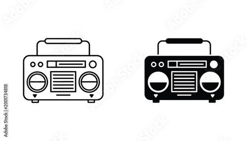 Vintage radio device icon set in outline and solid black silhouette styles for audio equipment and retro music themed graphic design projects