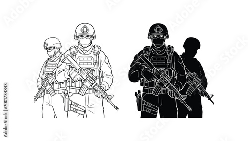 Two tactical military soldiers standing with rifles for combat gaming or special forces concept art in black and white vector