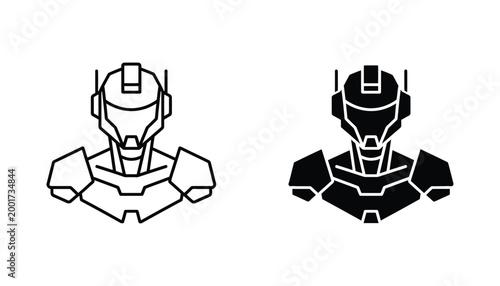 Futuristic cyborg soldier head icon in outline and solid black style for sci-fi character design and technology interface elements