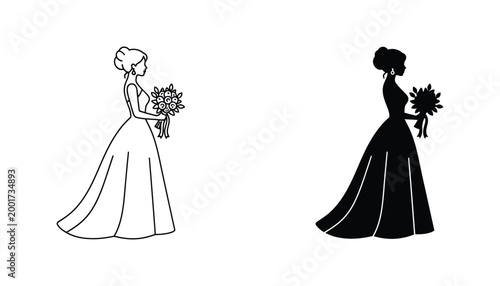Elegant bride holding a flower bouquet for wedding invitation or romantic event decor branding in black and white vector