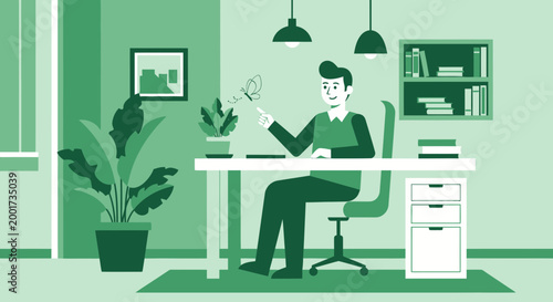 Man working at desk interacting with butterfly, office plant, and bookshelf