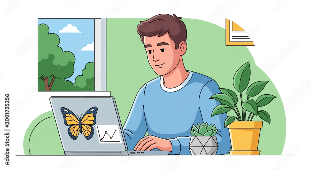 Obraz premium Man working on laptop at home office with plants, looking out window